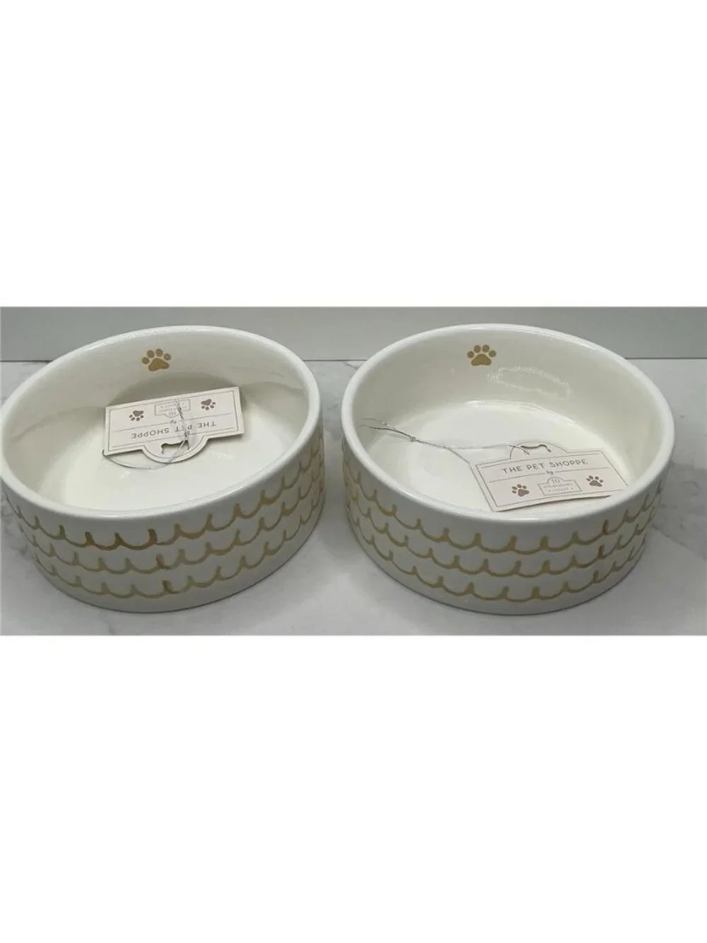 10 Strawberry Street 2 Pet Bowl Paw Waves Designs Tan Ceramic New